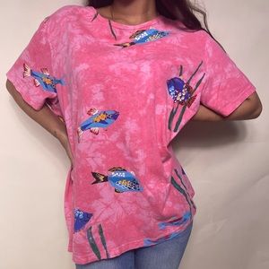 Vintage 90s pink tie dye all over print fish ocean theme crewneck tee shirt